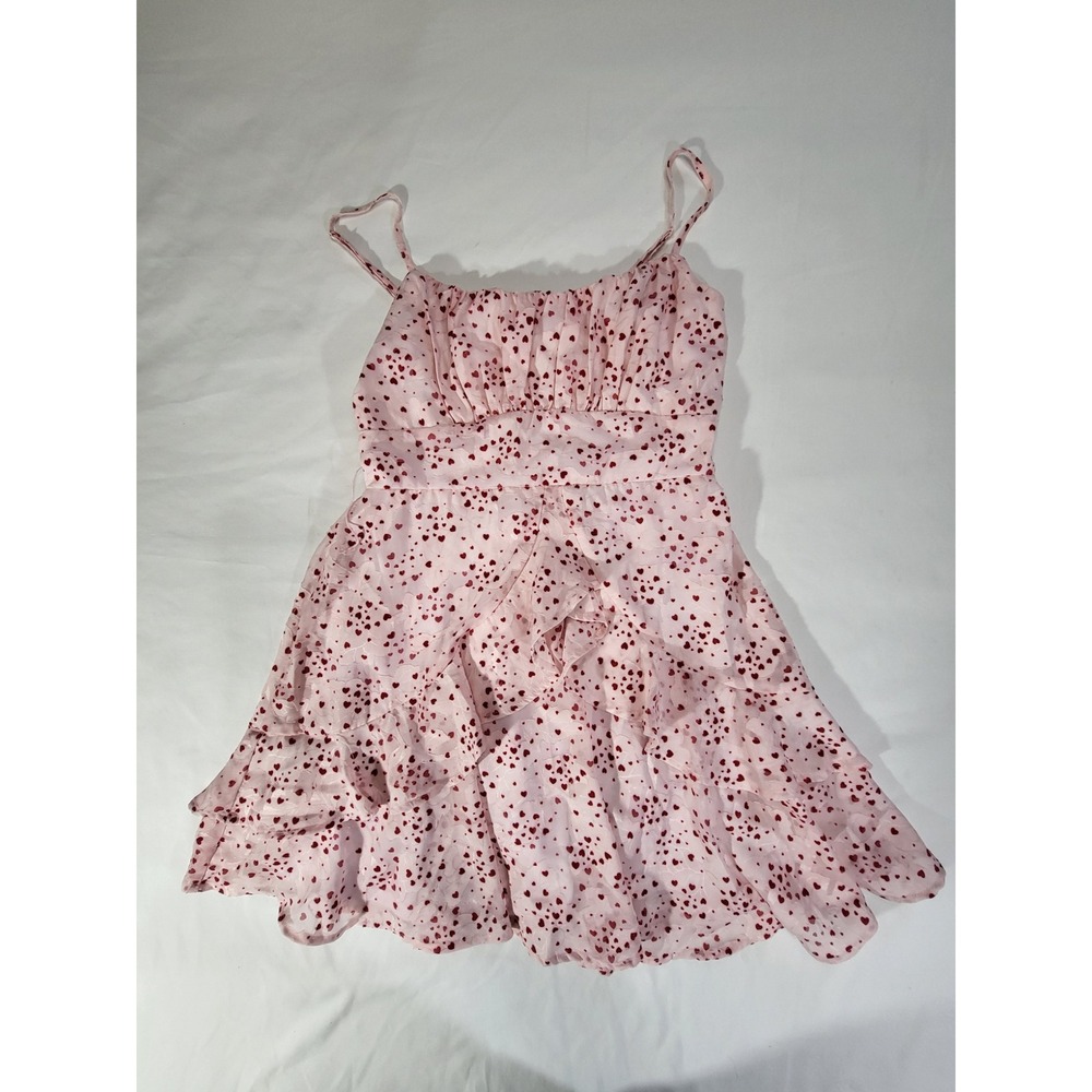 Mi Ami for Francesca's Pink Red Heart Print Ruffle Tiered Mini Dress Medium